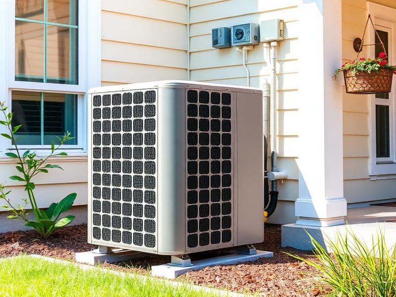 New energy-efficient air conditioning condenser unit professionally installed at a residential home
