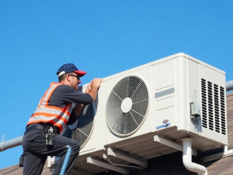 HVAC technician servicing a rooftop air conditioning unit against a blue sky