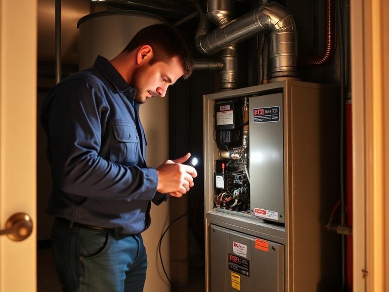 Technician inspecting and repairing a residential gas furnace with a flashlight