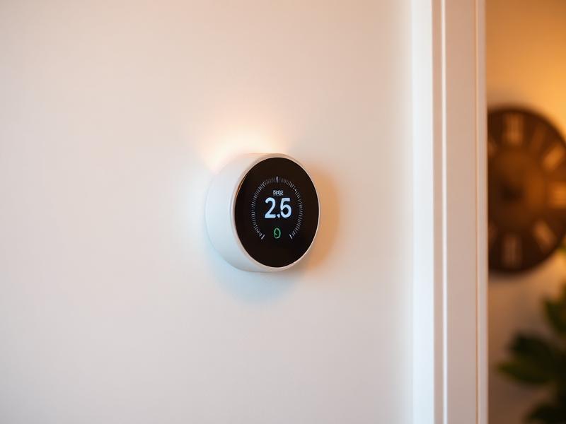 Modern smart thermostat mounted on a wall showing temperature display in a home